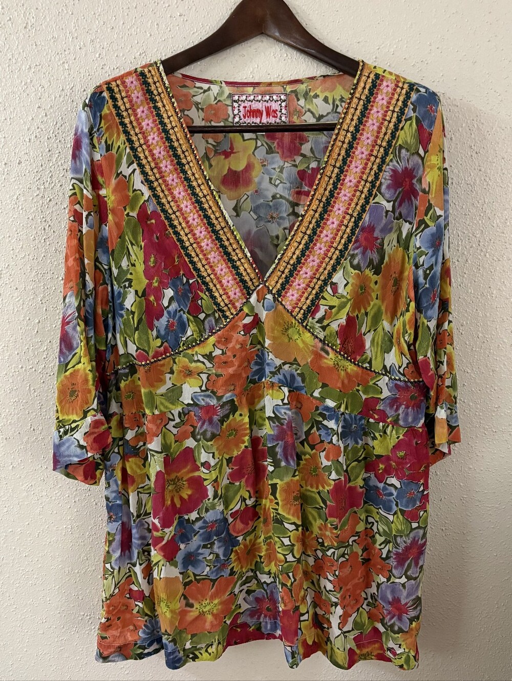 Johnny Was Vibrant Floral Embroidered V-Neck Tunic Blouse Size 1X